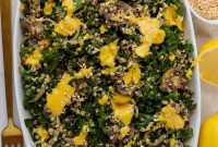 Warm Cheesy Quinoa Salad with Kale and Sauteed Mushrooms