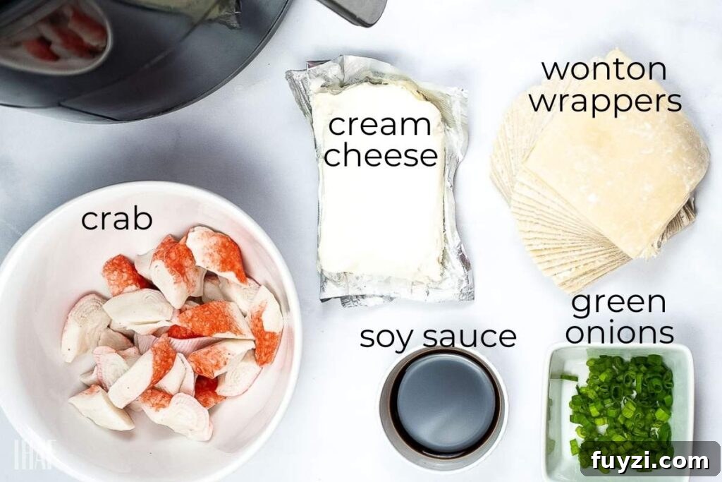 Crispy Air Fryer Crab Rangoon Recipe 3 ingredients labeled to make crab Rangoon in the air fryer