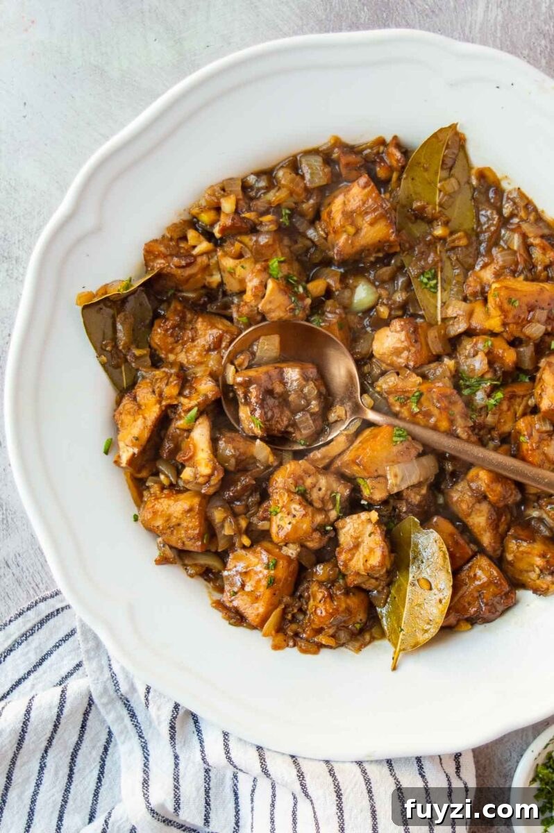 Filipino-Style Vegan Tofu Adobo Recipe 2 Top-down view of a white bowl with chunks of tofu in a dark brown thick adobo sauce.
