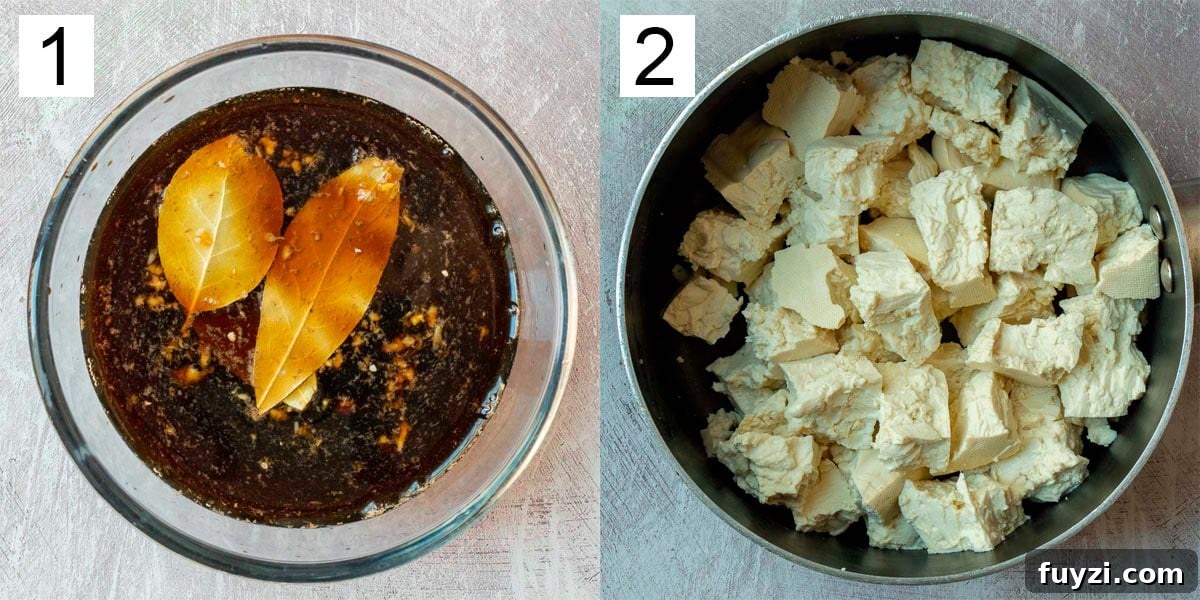 Filipino-Style Vegan Tofu Adobo Recipe 5 The left image labeled one shows brown liquid with bay leaves, and the right image shows plain chunks of tofu in a pan.