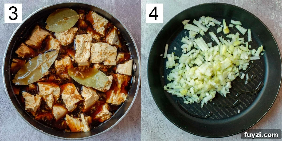 Filipino-Style Vegan Tofu Adobo Recipe 6 Left image labelled 3 shows chunks of tofu in a pot with bay leaves and brown liquid, right image labeled 4 is raw onion in a skillet.
