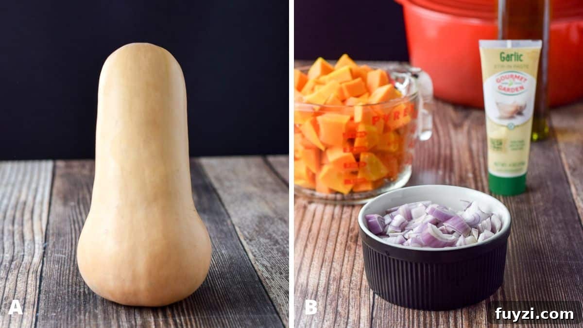 Creamy Roasted Butternut Squash Soup Recipe 4 Left - A single squash standing proud and alone on a table. Right - onion, squash, garlic, and oil