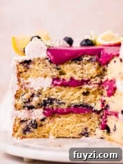 closeup of blueberry lemon cake cross section with blueberry curd filling
