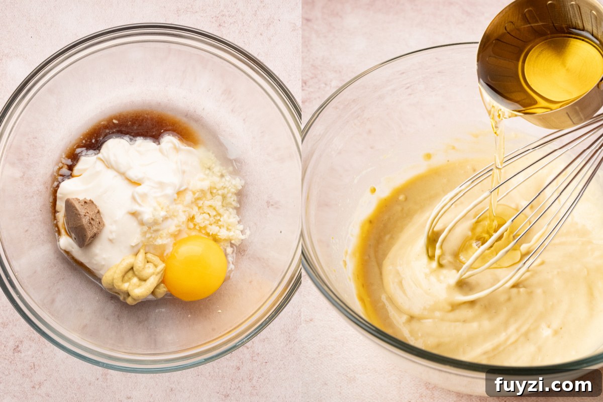 Classic Caesar Salad Recipe with Homemade Dressing 3 Stirring together all of the ingredients for the dressing in a bowl.