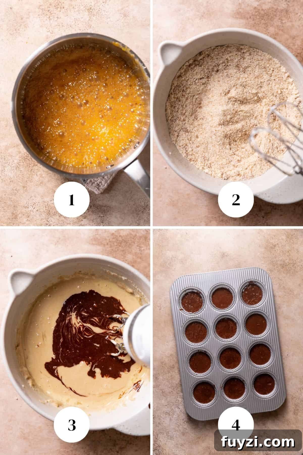 Chocolate Turtle Cupcakes Recipe with Caramel and Pecans 4 A process collage of the steps for making homemade caramel and chocolate cupcake batter.