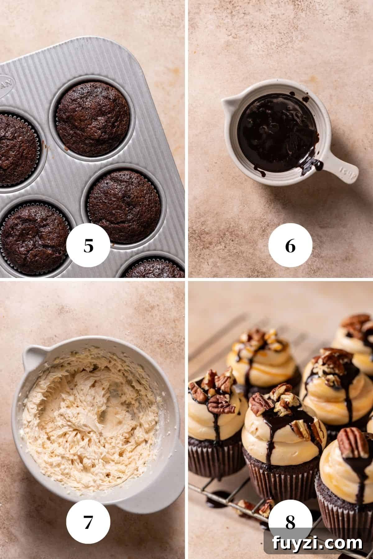 Chocolate Turtle Cupcakes Recipe with Caramel and Pecans 5 A process collage of the steps for making caramel buttercream and decorating the chocolate cupcakes.