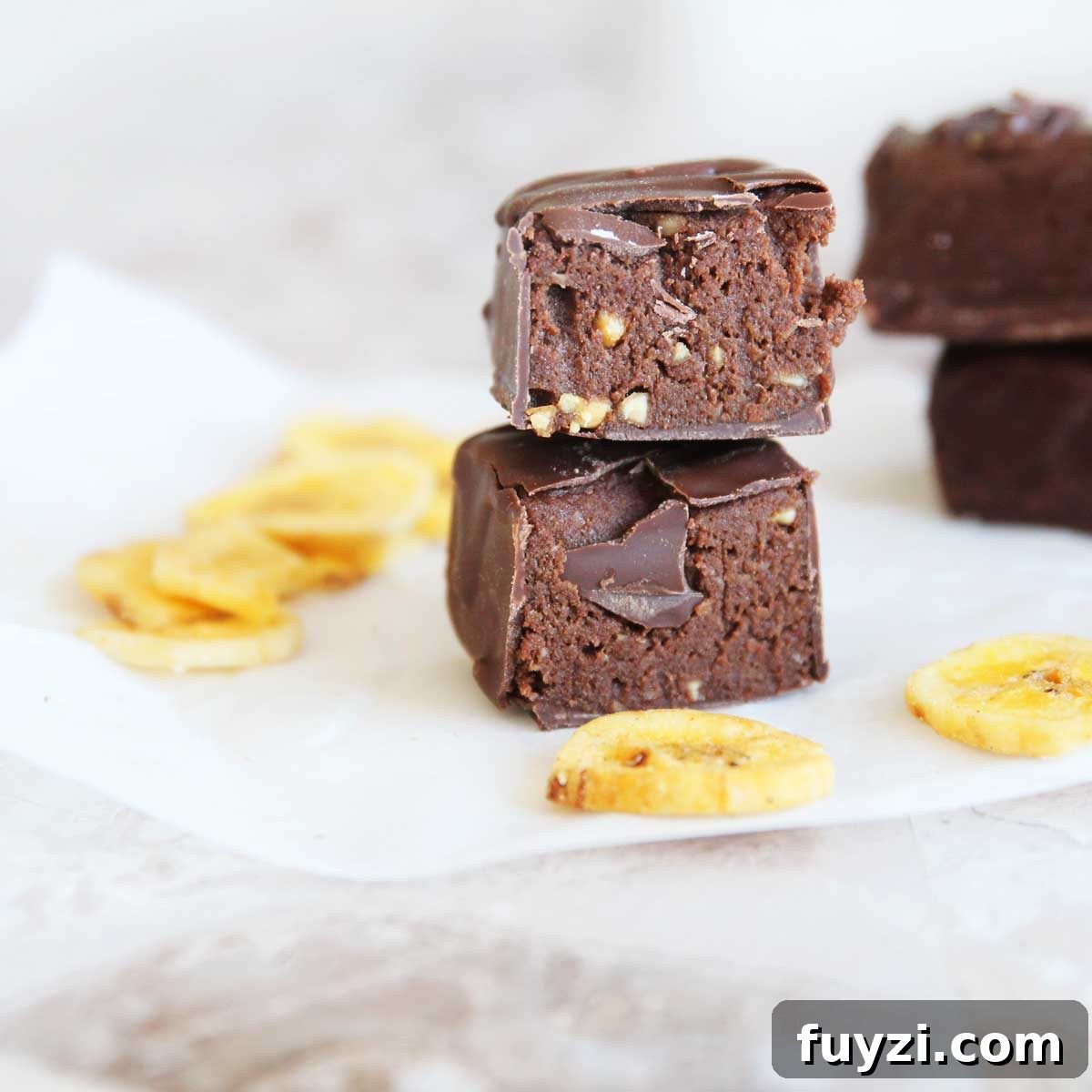 Chocolate banana protein bars on parchment