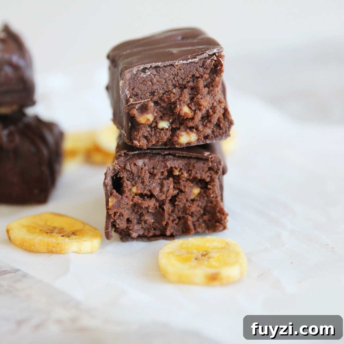 Stack of finished chocolate banana protein bars