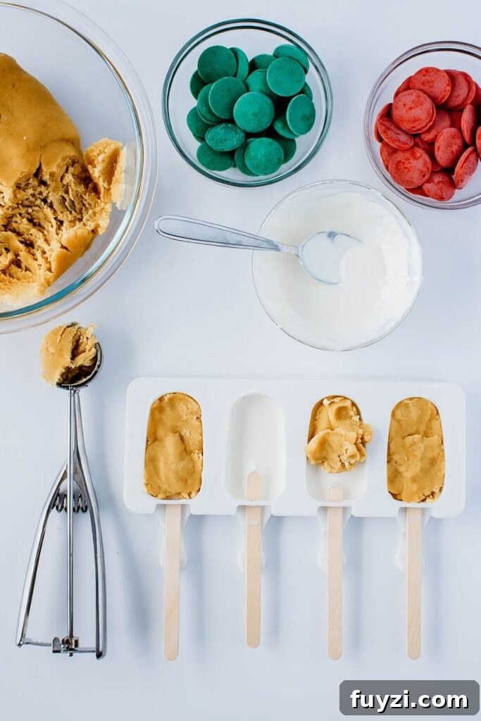 How to Make Festive Christmas Cakesicles 3 cake popsicles in the making with candy melts in bowls, and cake batter in a bowl