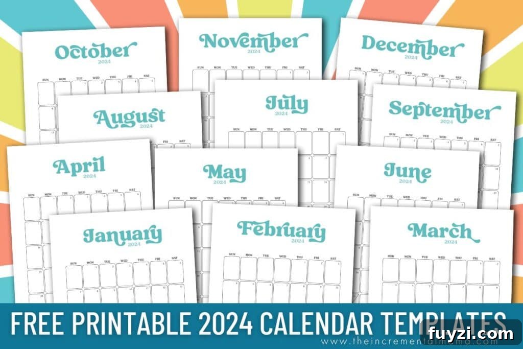 Free printable 2024 calendar PDF templates in retro style