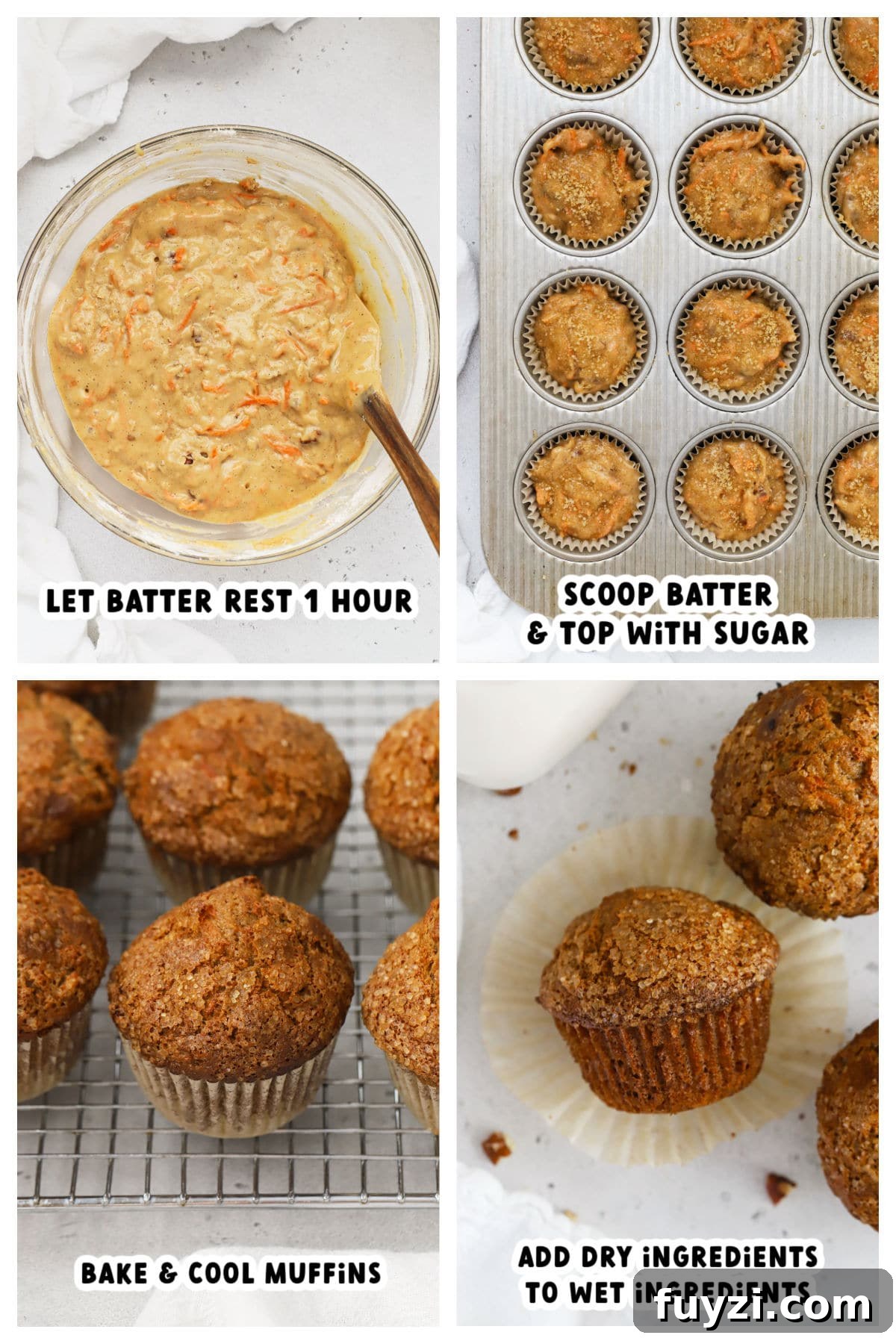 Scooping and baking gluten-free carrot cake muffins, step by step
