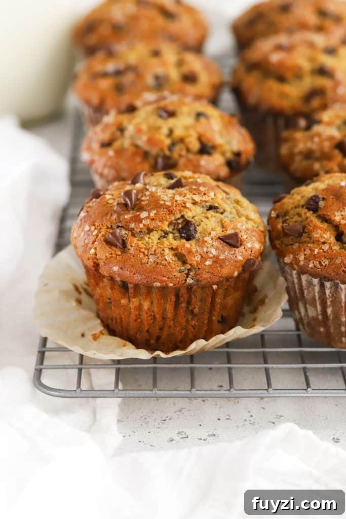 Gluten-Free Brown Butter Banana Chocolate Chip Muffins cooling on a wire rack