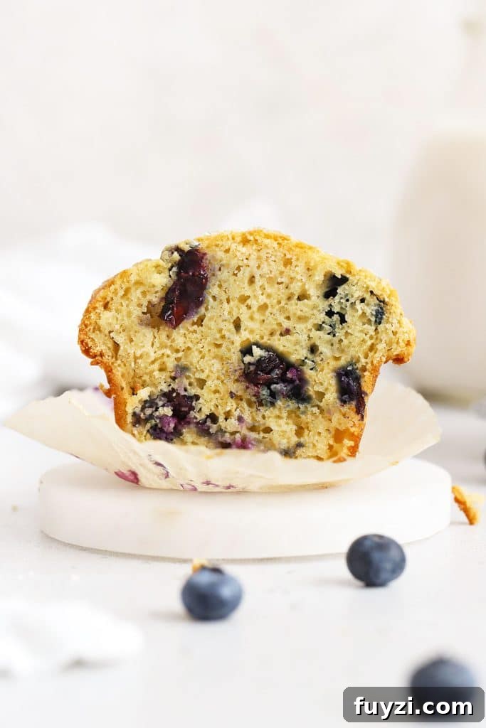 gluten-free blueberry muffin cut in half to reveal a fluffy texture