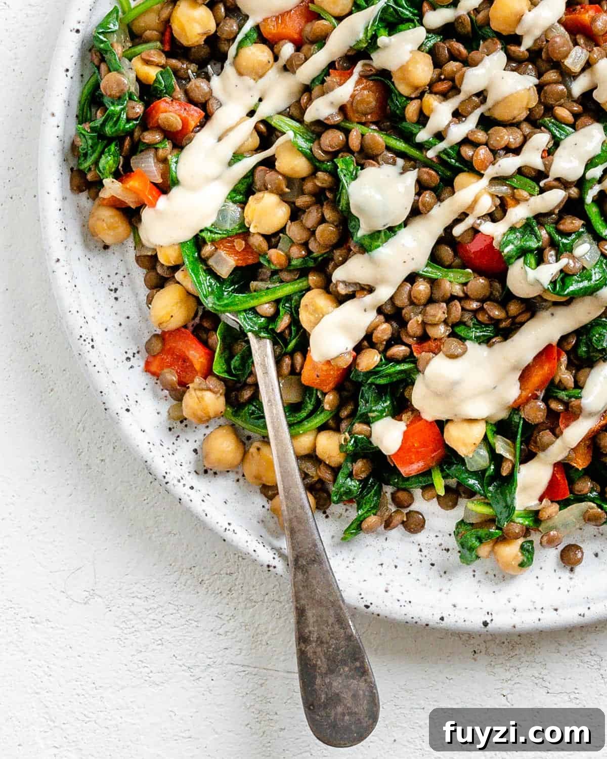 Zesty Vegan Lentil and Chickpea Salad 13 completed Vegan Lentil Chickpea Salad plated on a white plate against a white surface