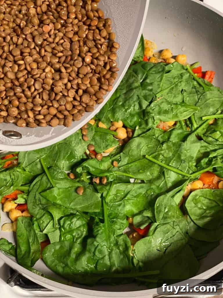 Zesty Vegan Lentil and Chickpea Salad 10 process shot of adding lentils to a pan