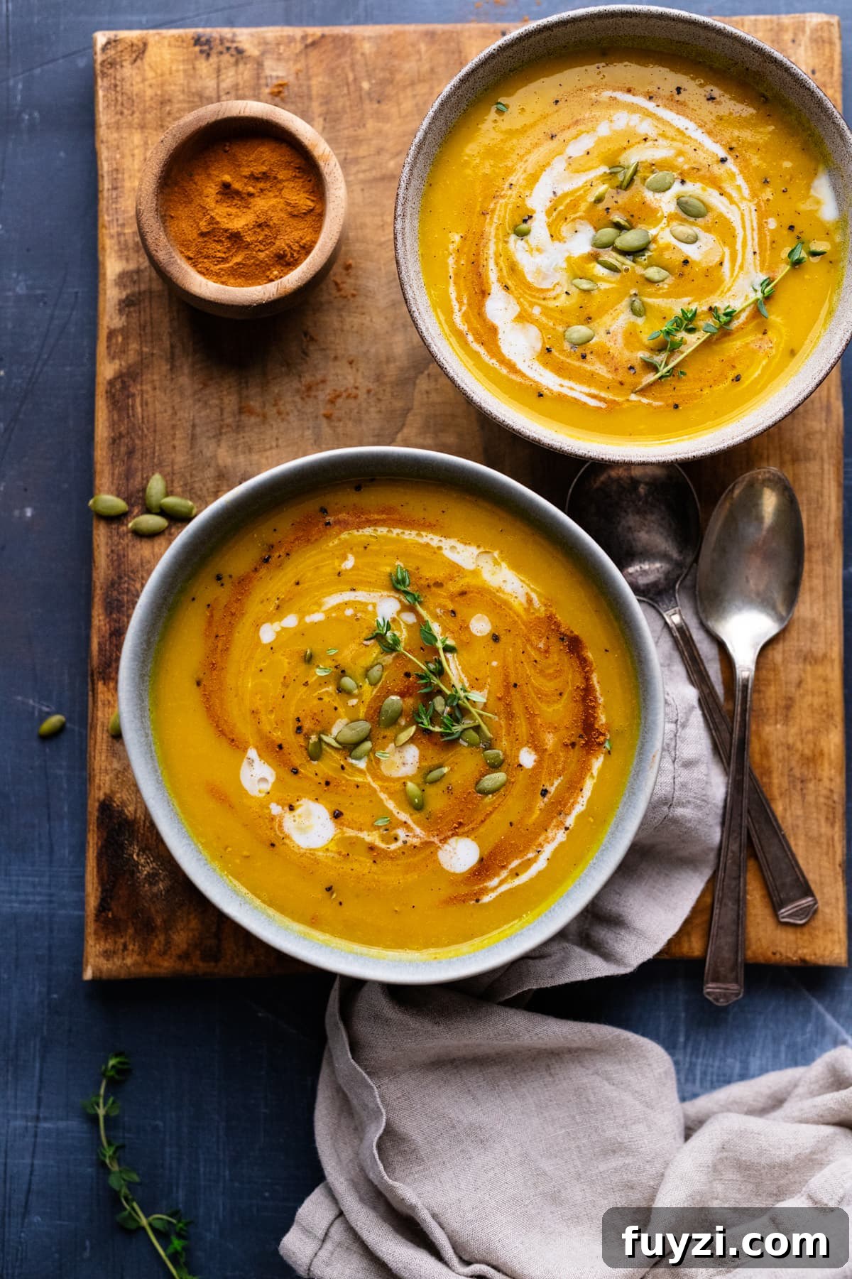Curried Butternut Squash Soup Recipe 11 Two bowls with curried butternut squash soup in it. The bowls are arranged on a wooden cutting board, and the soup is decorated with herbs and drizzles of coconut milk.