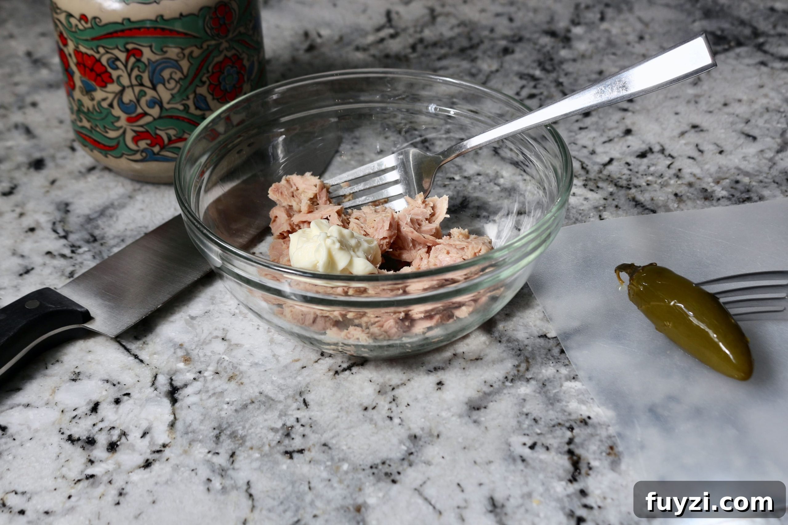 Mixing tuna for easy Whole30 tuna salad lunch bowl #tunasalad #easylunch #whole30lunch