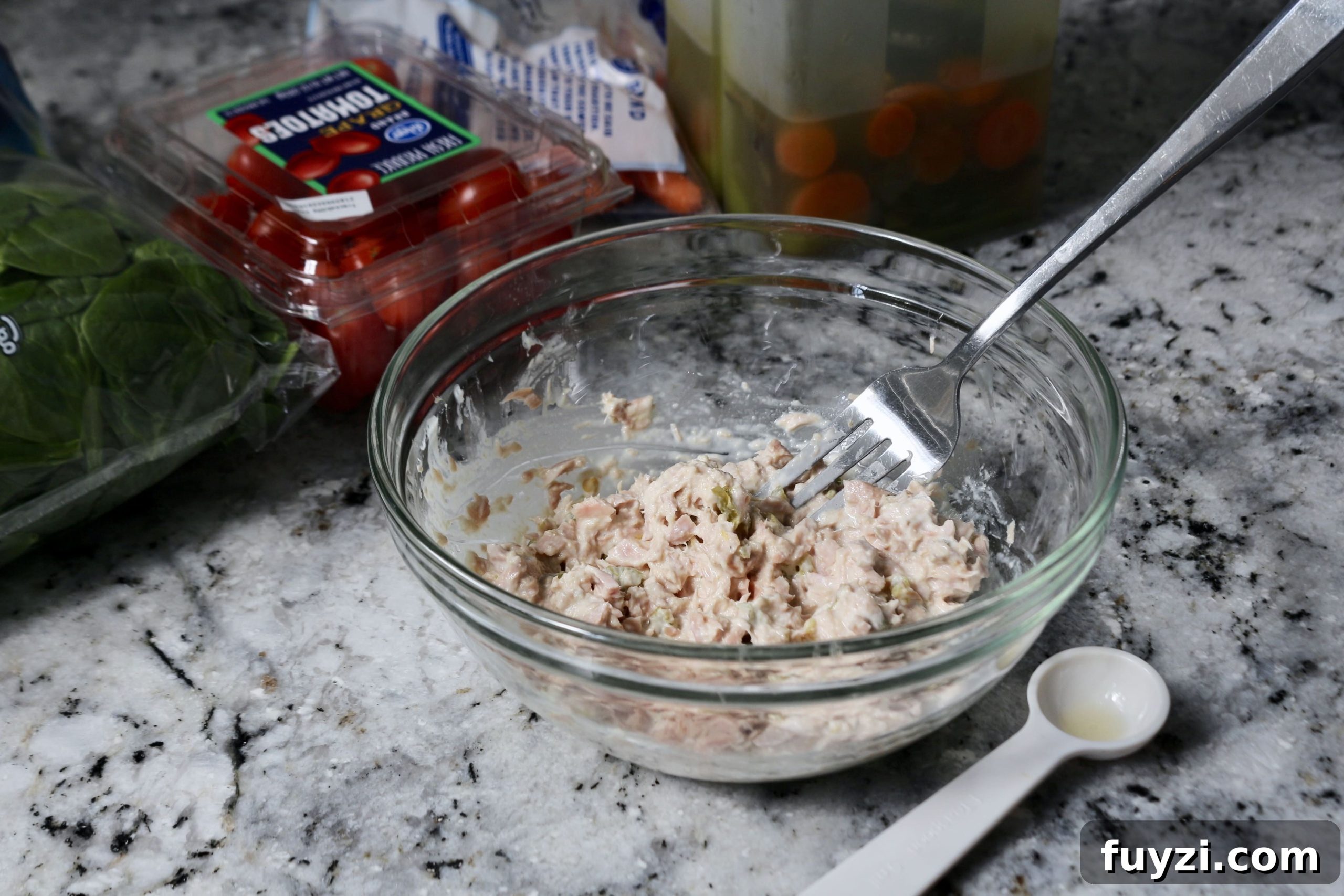 Mixing tuna for easy Whole30 tuna salad lunch bowl #tunasalad #easylunch #whole30lunch