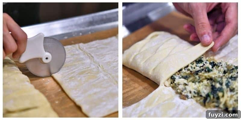 Spinach and Ricotta Puff Pastry Braid Recipe 4 Step-by-step images of cutting the strips and folding them over to make a braid