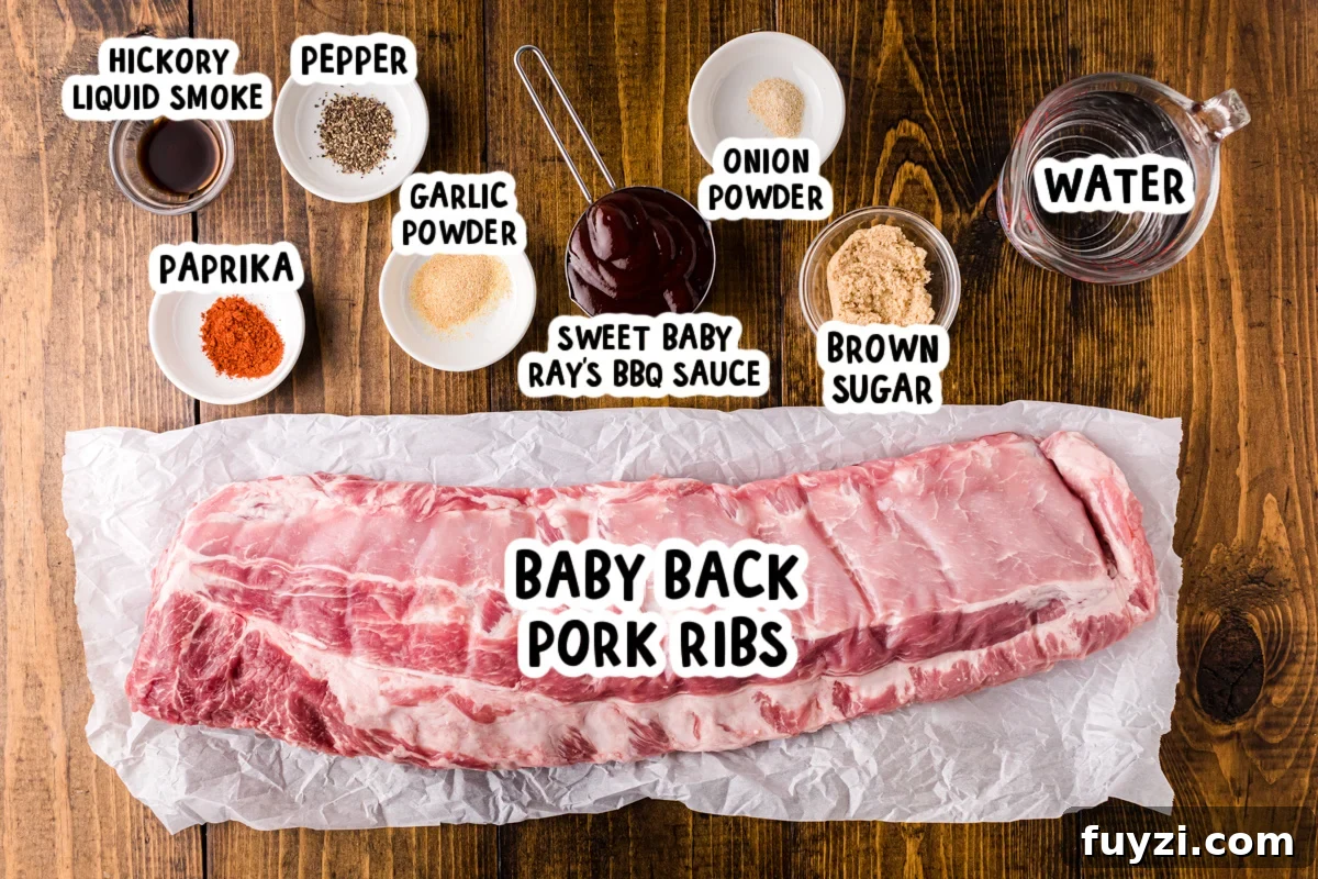 Ingredients for slow cooker baby back ribs on a table.