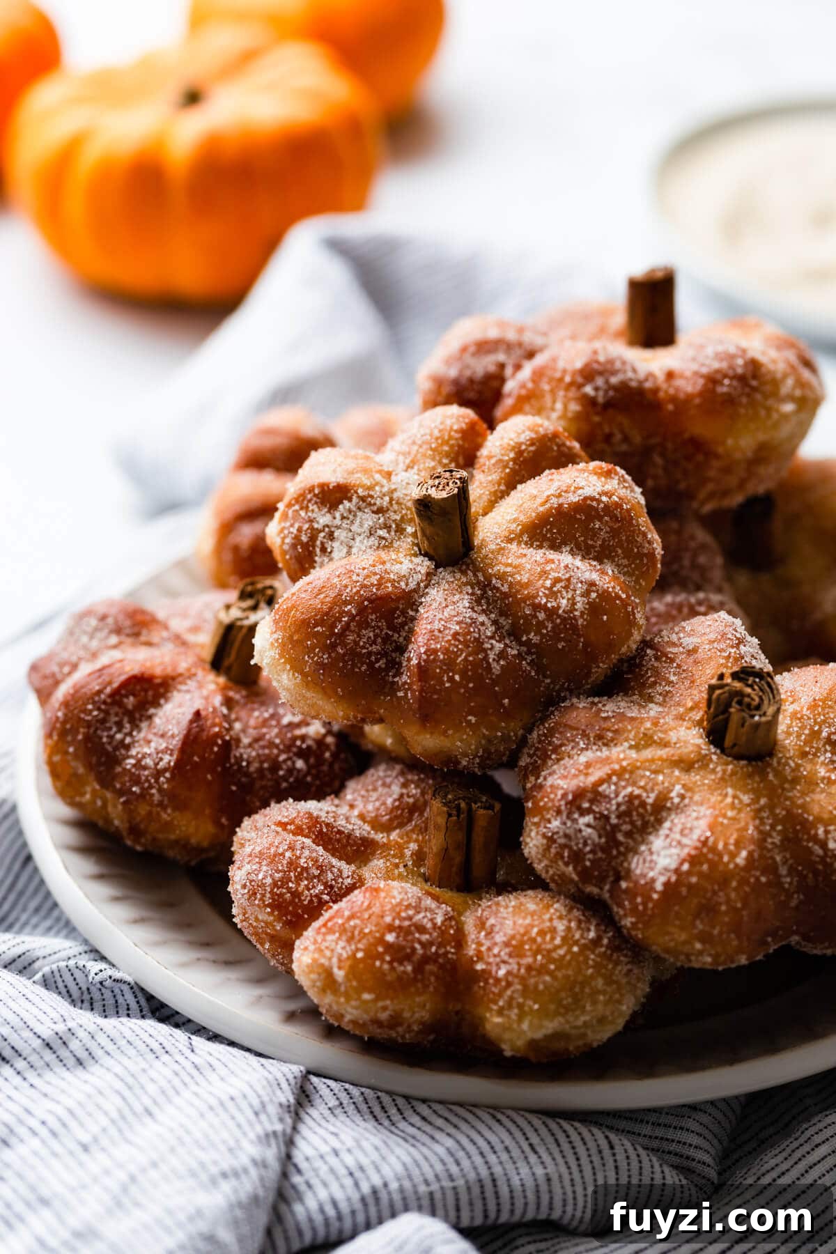 side close up at a plate full of doughnuts shaped like pumpkins