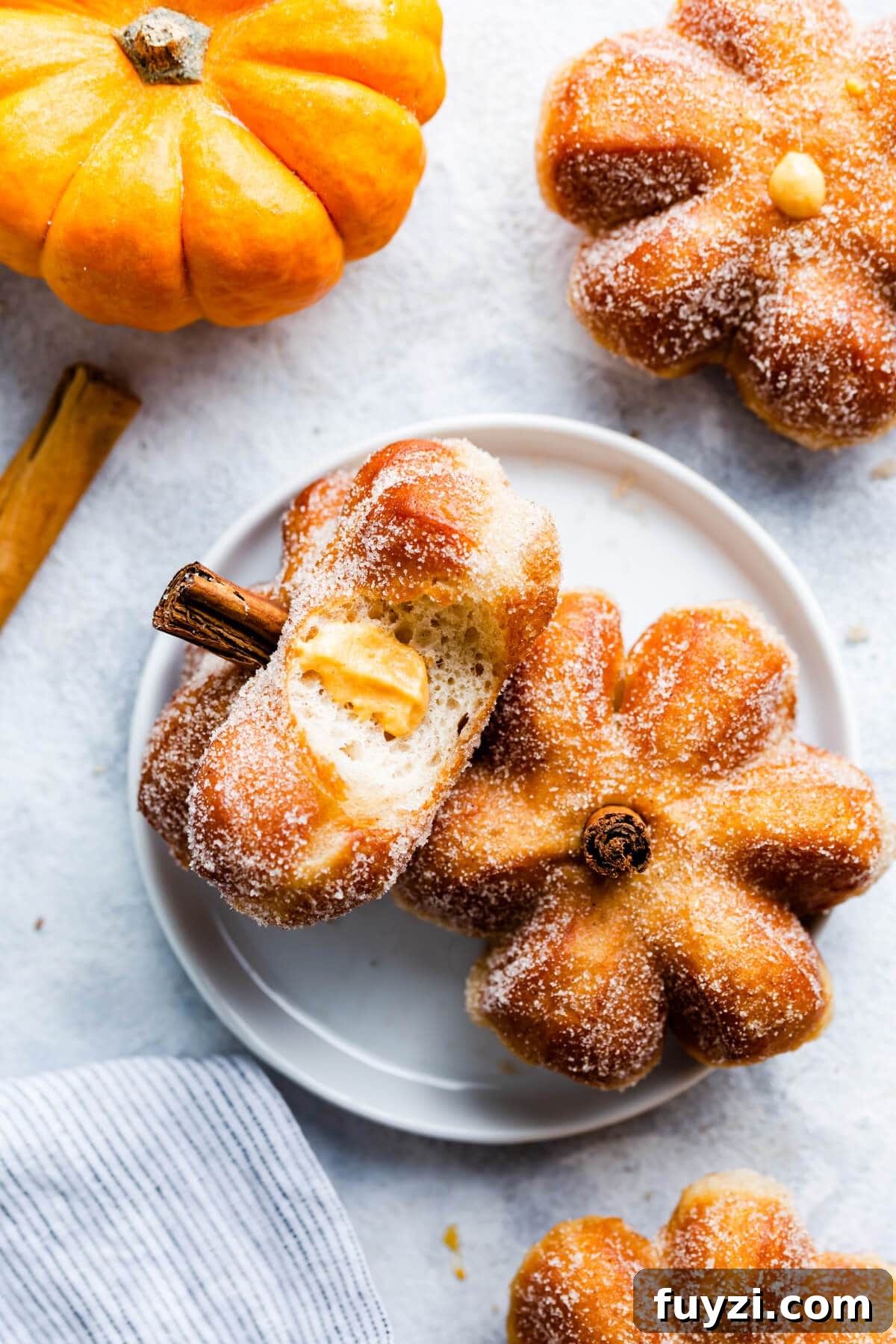 top view of two pumpkin doughnuts on a plate with one missing a bite