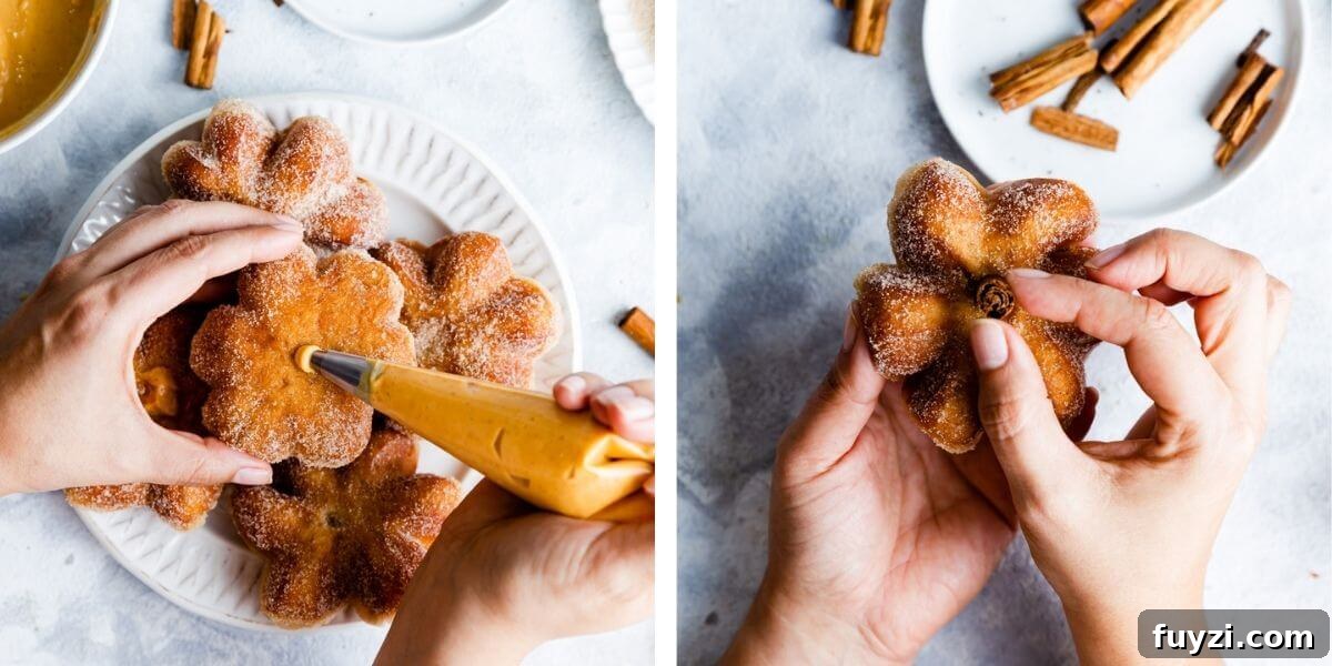 overhead shots of a person filling the doughnuts and placing cinnamon stick into the doughnut