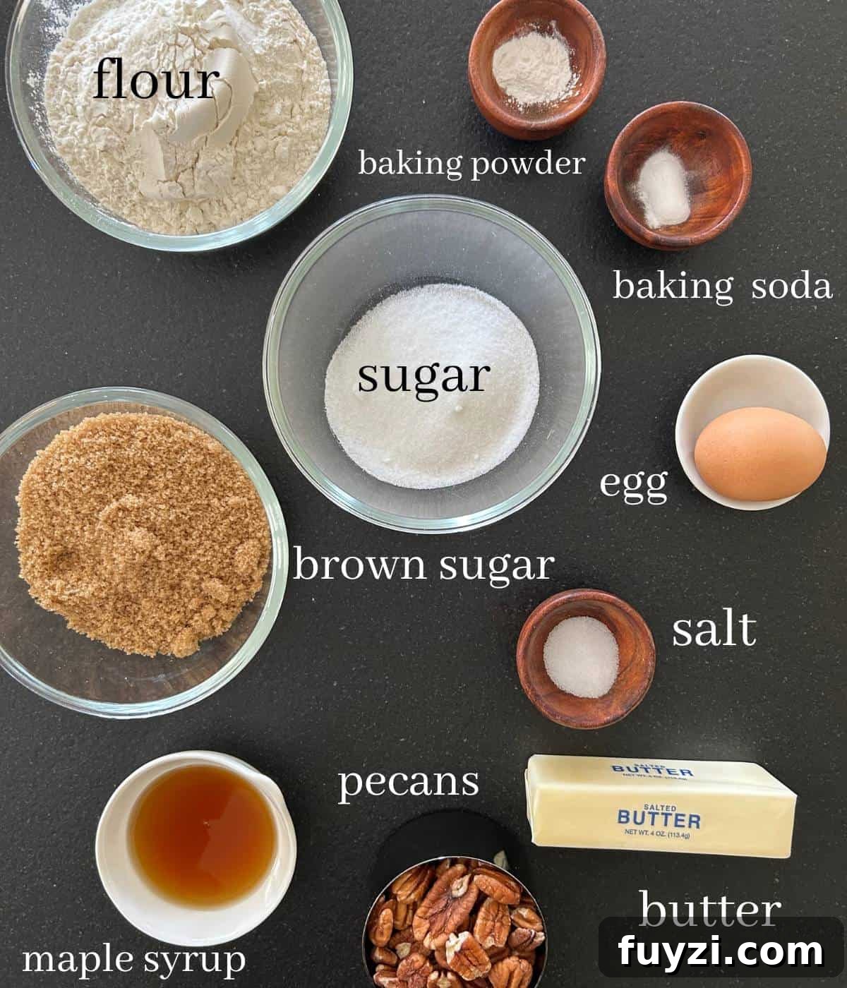 Ingredients for browned butter pecan cookies.