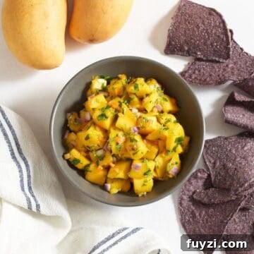 A bowl of mango habanero salsa surrounded by blue corn tortilla chips, two mangoes, and a blue and white striped towel.