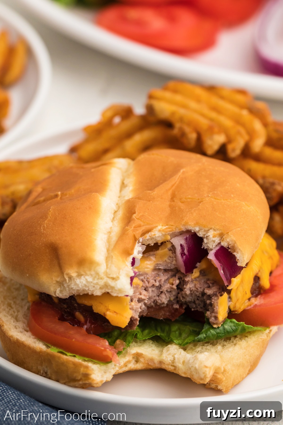 How to Cook a Frozen Burger in an Air Fryer 7 Dressed air fried burger with a bite missing, on a plate with waffle fries.