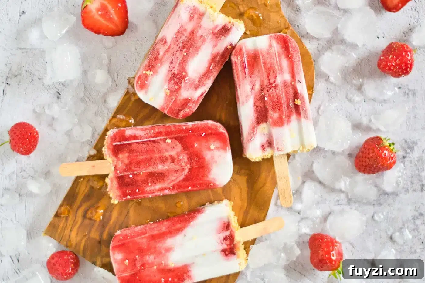 Homemade Strawberry Popsicles Recipe 3 close up image of popsicles with strawberries
