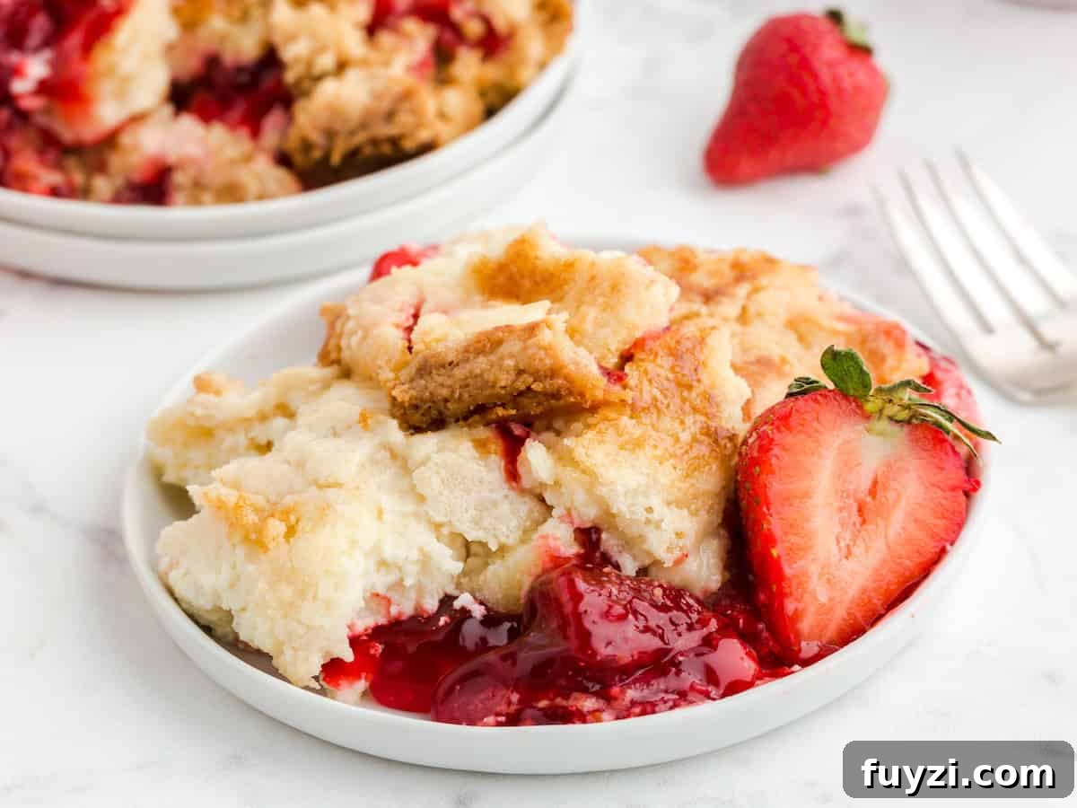A serving of strawberry cobbler with golden crust and juicy strawberry filling, reminiscent of a homemade Strawberry Dump Cake, garnished with a halved fresh strawberry on a white plate.