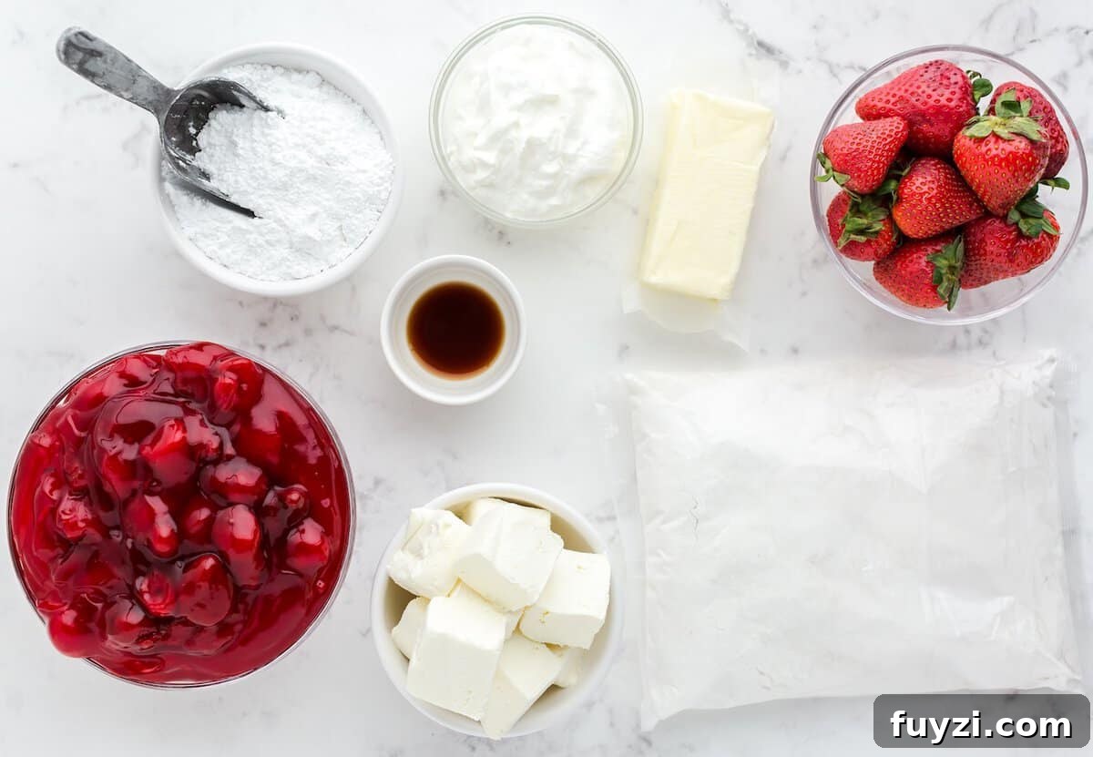Ingredients on a white countertop for this Strawberry Dump Cake Recipe: powdered sugar, whipped cream, butter, strawberries, cherry pie filling, vanilla extract, cream cheese, and a bag of flour.