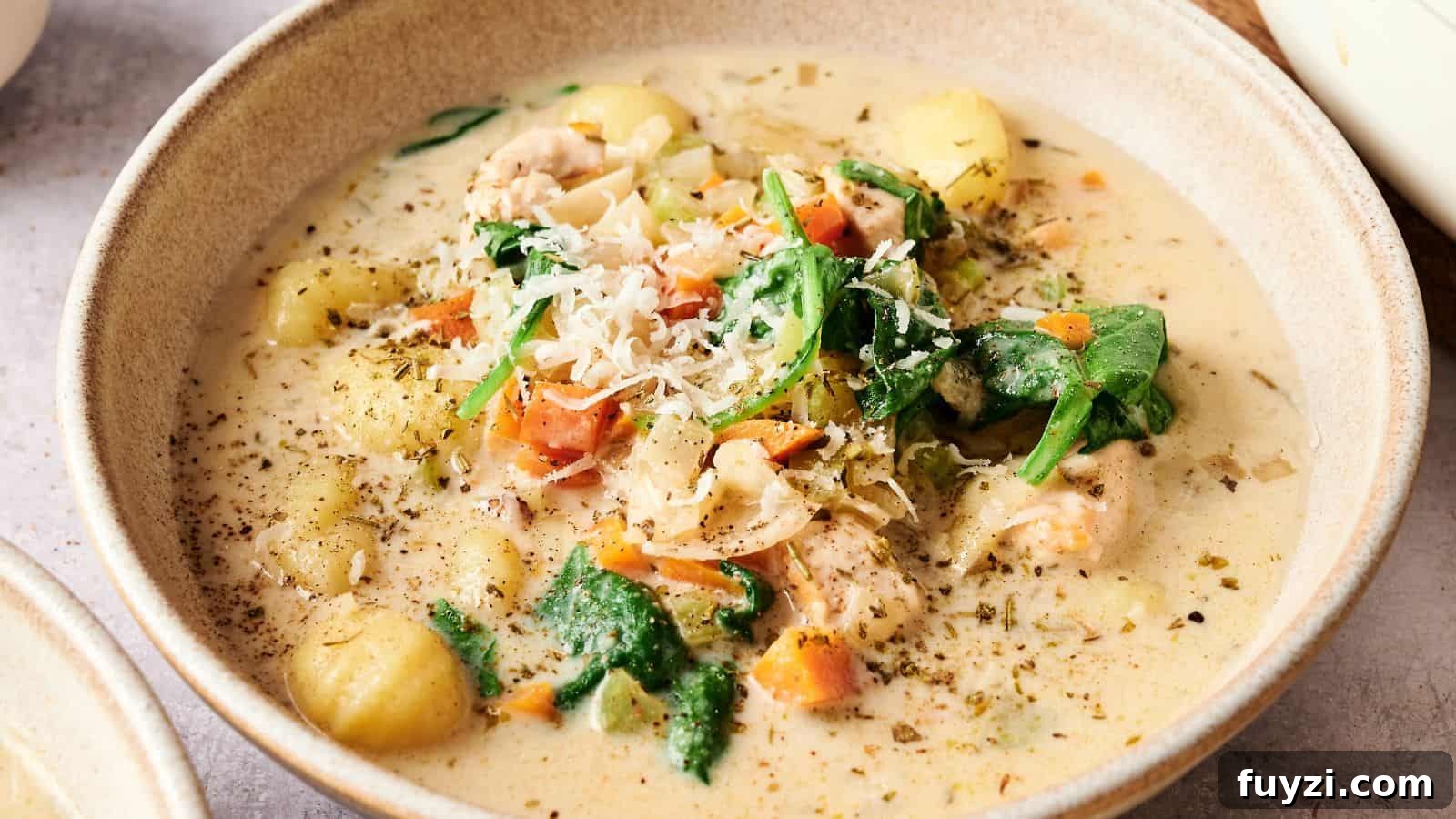 A bowl of creamy soup with gnocchi, spinach, carrots, chicken pieces, and shredded cheese, garnished with herbs and black pepper.