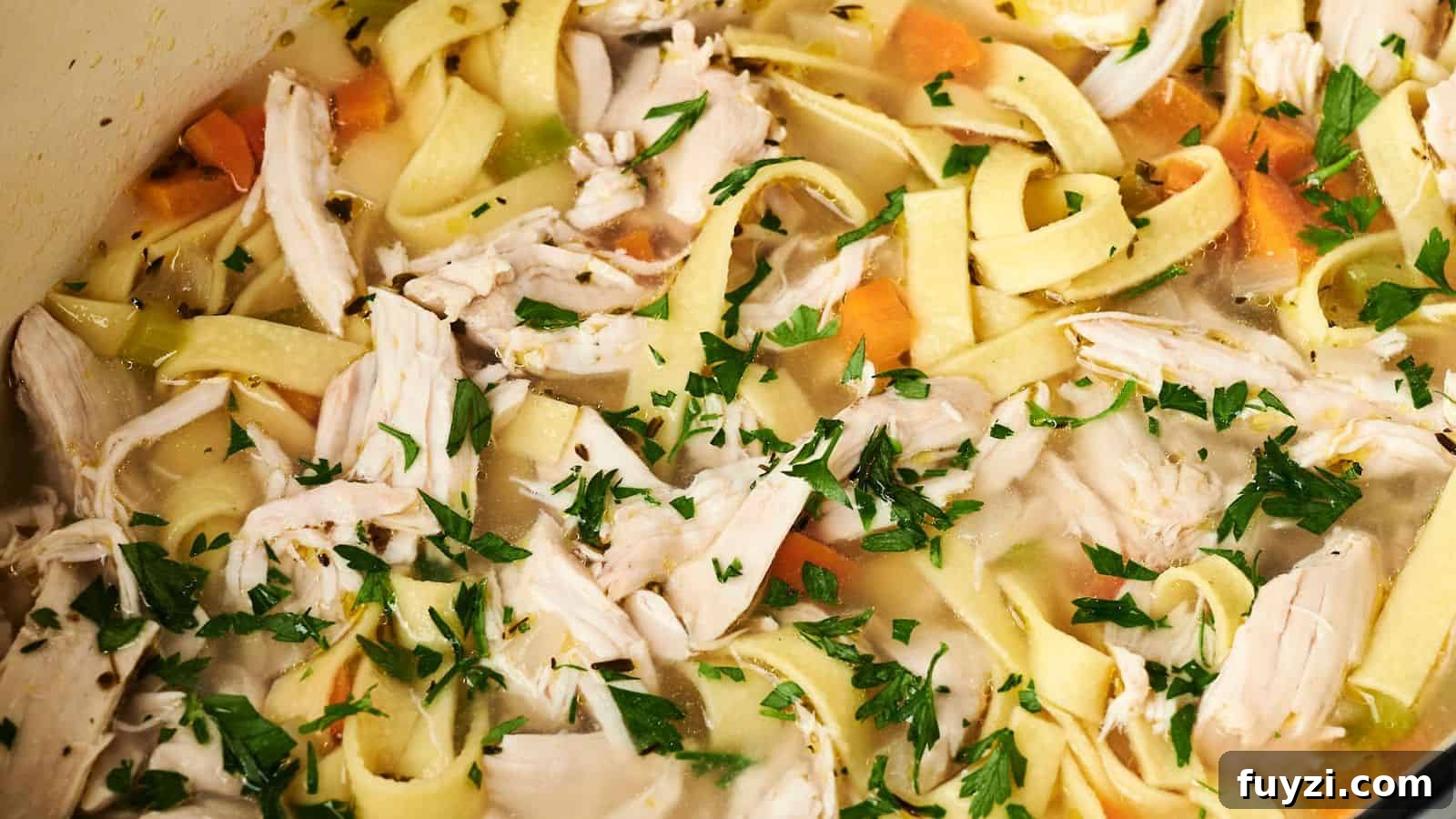 A close-up of a bowl of hearty Chicken Noodle Soup, showcasing shredded chicken, egg noodles, chopped carrots, celery, and garnished with fresh parsley.