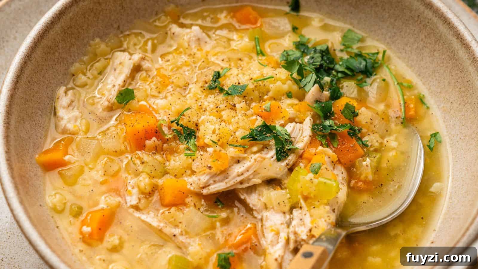 A bowl of chicken and rice soup with chunks of chicken, diced carrots, celery, and parsley garnish, served with a spoon.