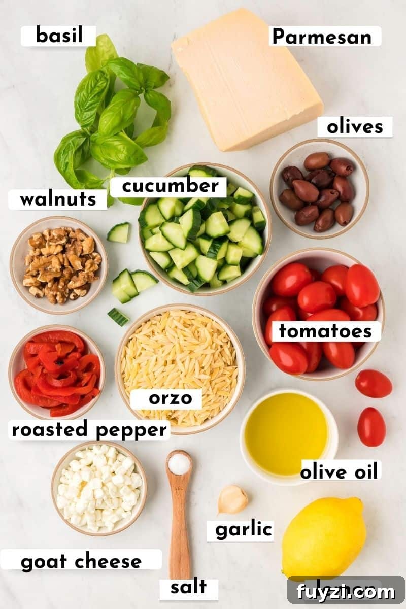 Creamy Pesto Orzo Pasta Salad with Cherry Tomatoes 3 The ingredients in orzo pesto salad: basil, parmesan, olives, cucumber, walnuts, tomatoes, roasted pepper, orzo, goat cheese, salt, garlic, olive oil, lemon.