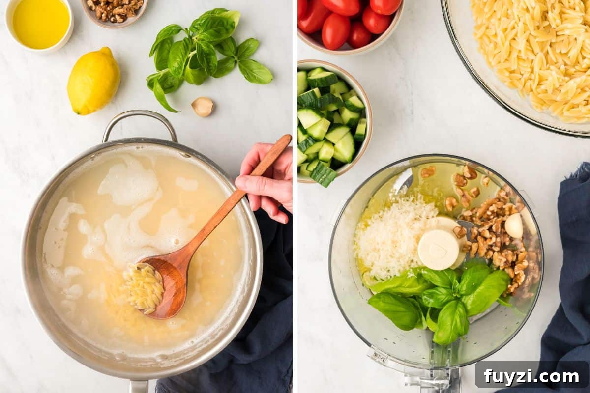 Creamy Pesto Orzo Pasta Salad with Cherry Tomatoes 4 Collage Photo: Left: Cooking the orzo in a pot of water; Right: making the pesto in a food processor.