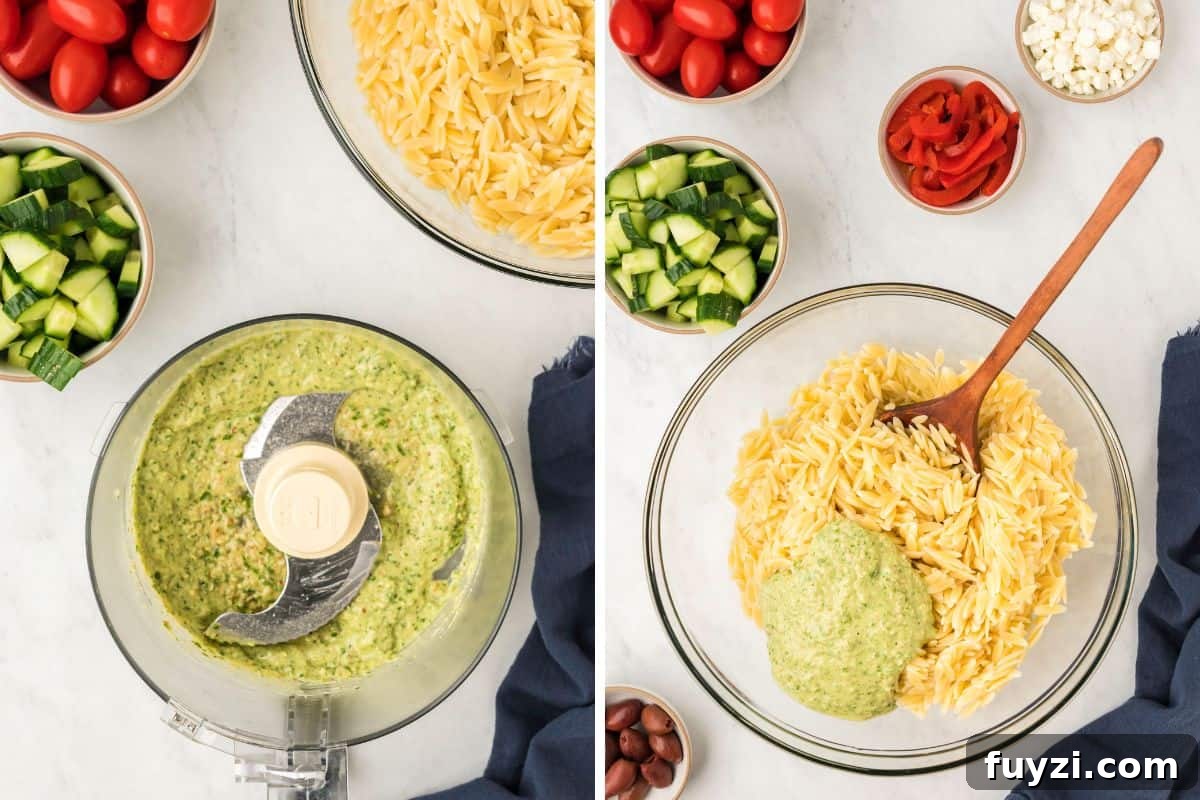 Creamy Pesto Orzo Pasta Salad with Cherry Tomatoes 5 Photo Collage: Left: The pesto after processing inside the food processor. Right: Pesto stirred in the pesto.
