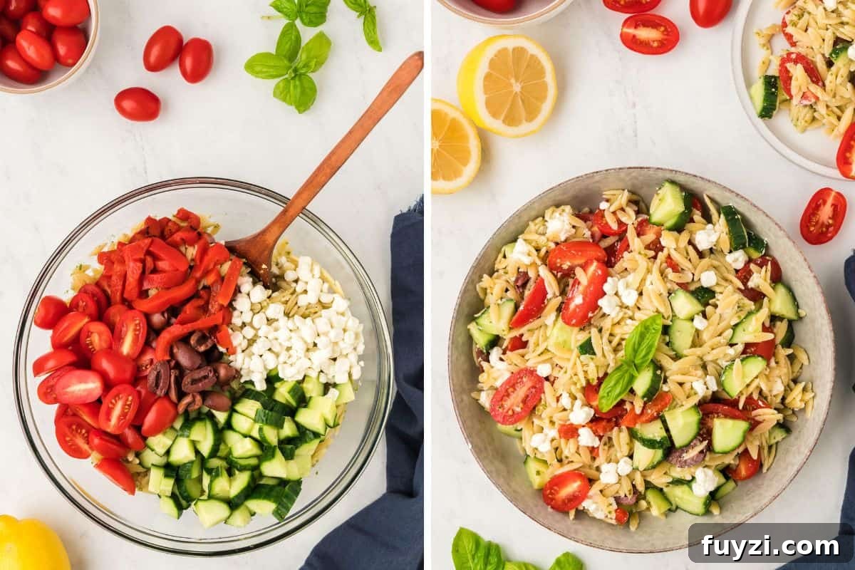 Creamy Pesto Orzo Pasta Salad with Cherry Tomatoes 6 Photo Collage. Left: The vegetables added to the salad ready for mixing. Right: Pesto Orzo Pasta Salad in a serving bowl.