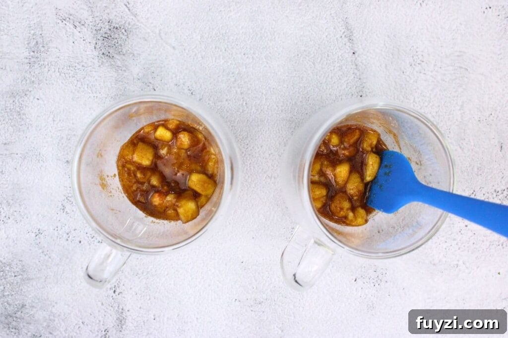 add diced peaches, brown sugar, and cinnamon to microwave safe mugs