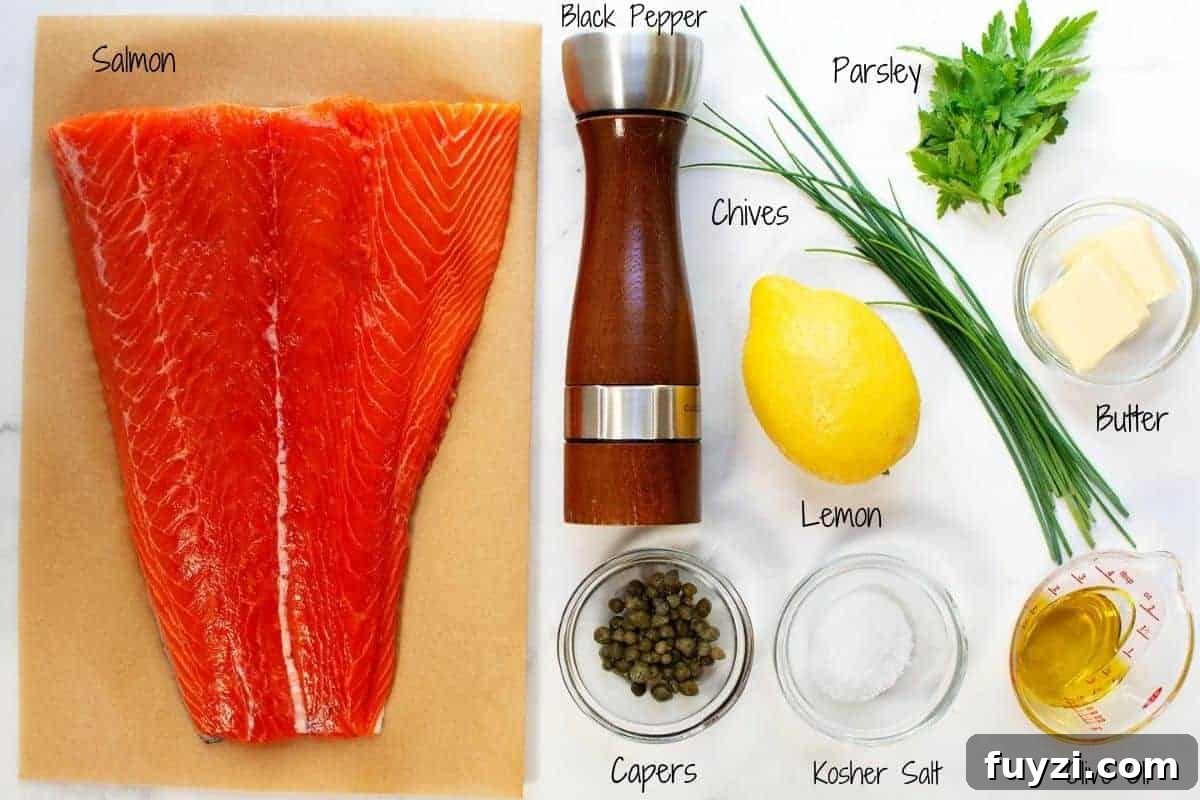 Slow Roasted Salmon Ingredients on a white marble board