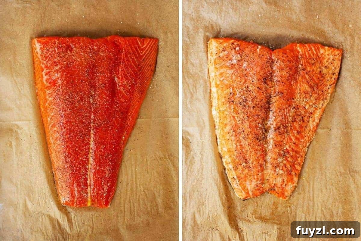 slow roasted salmon before and after baking