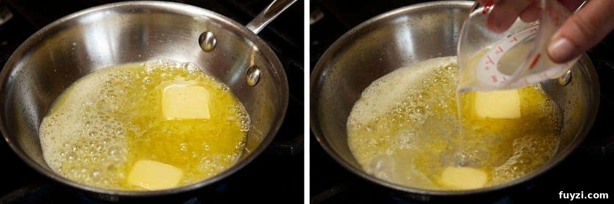 melting butter in skillet and pouring in lemon juice