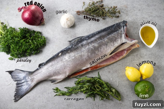 Grill a Whole Salmon: Step-by-Step Guide 4 Ingredients used to cook a whole salmon on the grill.