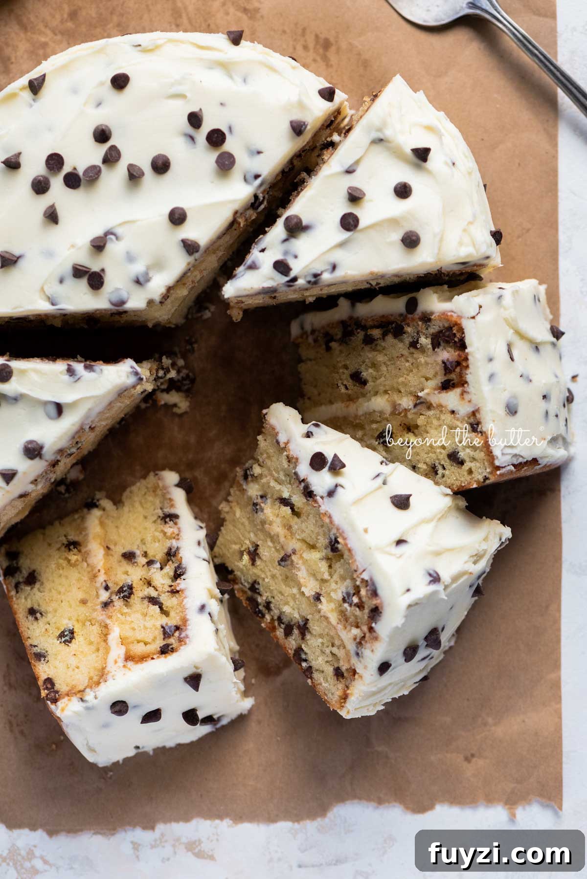 Slices of 2 layer chocolate chip cake on it's side on a brown paper background | © Beyond the Butter®