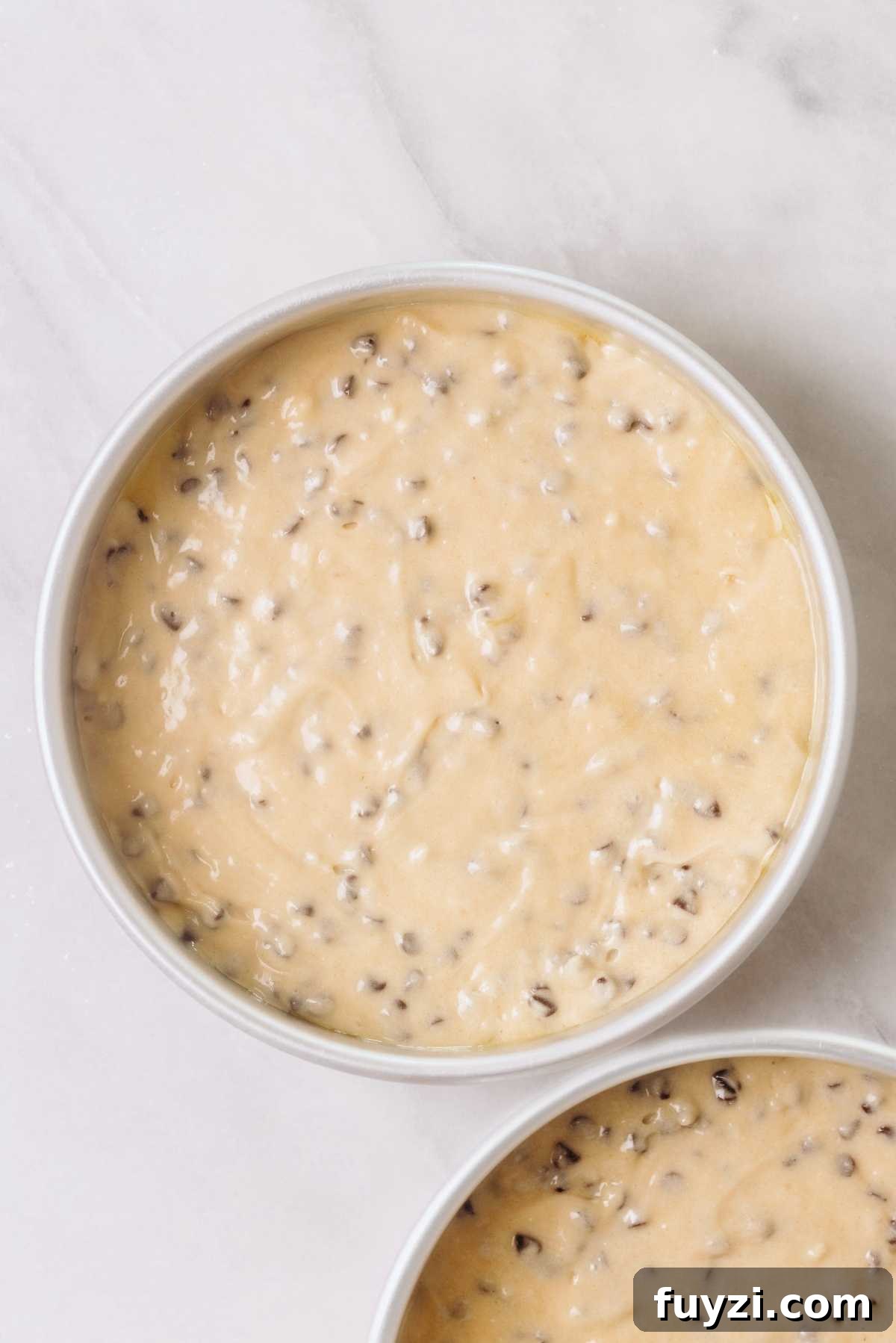 Chocolate chip cake batter evenly divided into two cake pans on a white marbled background.