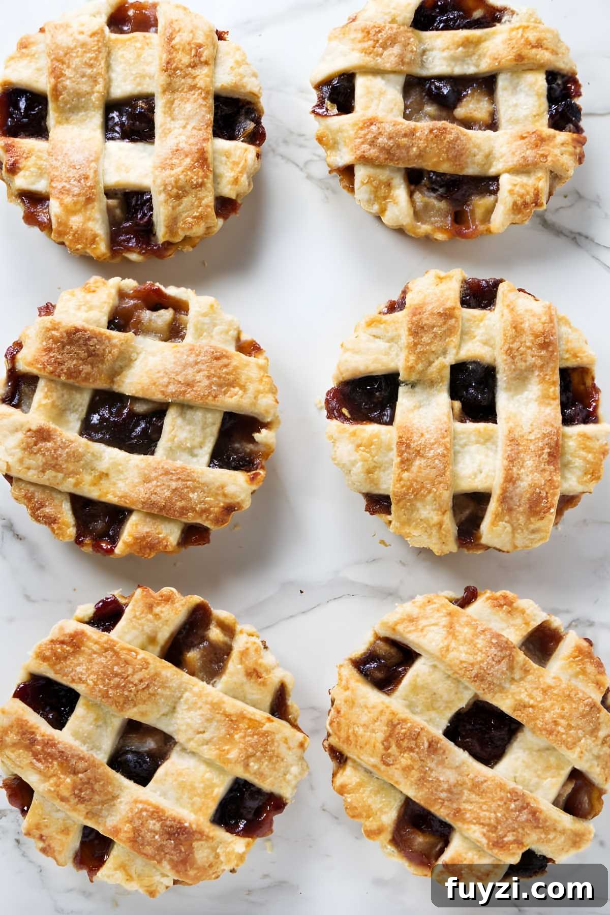 Six mini lattice-topped dried cherry tarts with golden crusts on white marble.