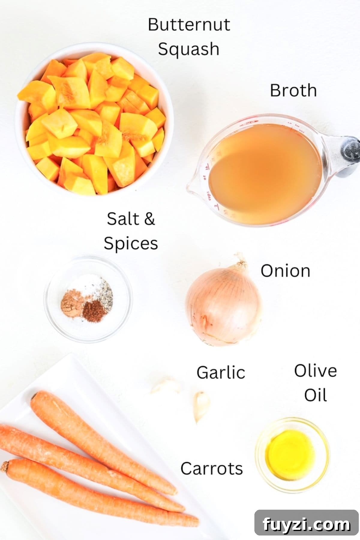 Carrot Butternut Squash Soup ingredients, labeled.