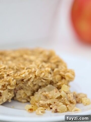 One piece of Baked Oatmeal with Apples and Cinnamon on a white plate.